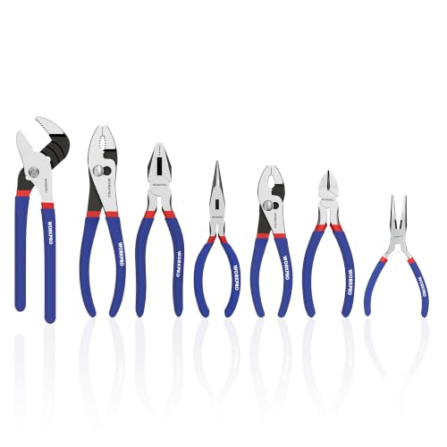 7-piece WORKPRO Pliers Set with Groove Joint, Long Nose, Slip Joint, Linesman, and Diagonal Pliers for DIY & Home Use - color: Red, Blue