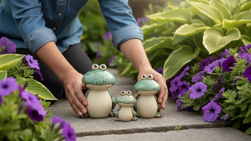 Frog Garden Decor Set of 3,Funny Cute Ceramic Frog Garden Statues Yard Decoration Outdoor Holiday Decorations,Ideal Ornament for Outside Pond Pool Patio Front Porch Backyard (Green) - color: Green