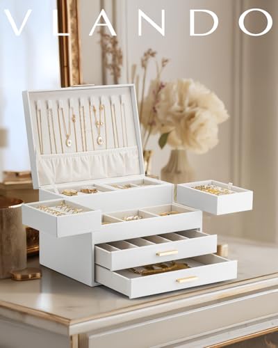 VLANDO 4 Layers Jewelry Box - Women Jewelry Box with Retractable Tray - Jewelry Organizer with Drawer for Necklaces, Rings, Bracelets, Earrings, Gift for Couples Mom Girls - White - color: D.White, size: 4-Layer