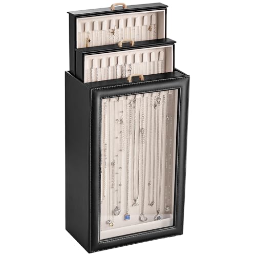 Lolalet Necklace Organizer Box, Jewelry Storage Box with Clear Window for Necklaces Bracelets, Tangle-Free Necklace Display Case for Women Girls, Black, 3 Layers 30 Hooks - color: Black, size: 3 Layers, 30 Hooks