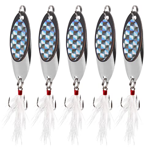 Fishing Lures Casting Spoon Lure, 5pcs Hard Metal Spoon Fishing Lures for Trout Bass Crappie Pike Walleye Saltwater Freshwater Fishing Gear 3/16oz-2oz - color: Silver-feather, size: 1oz(28g)