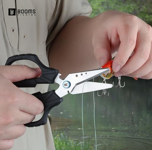 Booms Fishing Braided Line Cutter: 6.3in Multifunction Fishing Scissors with Lanyard and Sheath - Fishing Shears with Serrated Blades and Side Wire Cutter, S04 - style: Scissors with Lanyard & Sheath