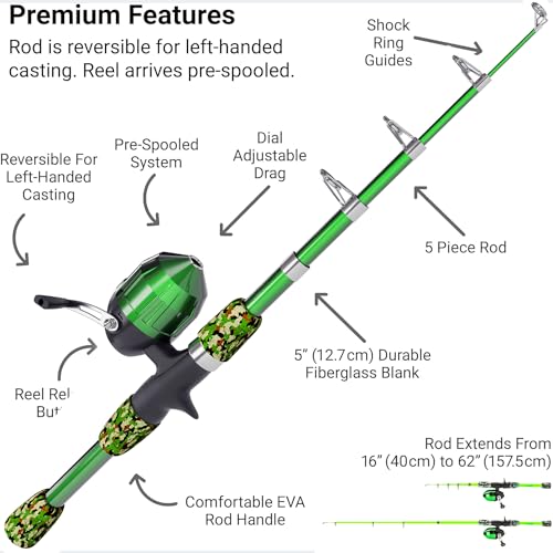 Lanaak Kids Fishing Pole, Kids Portable Telescopic Fishing Rod Set, Tackle Box and Fishing Net Combo Kit, Kids Fishing Gear for Boys and Girls Age 5-10 and Youth - color: Camo Green, size: 1.5m or 4.9 FT