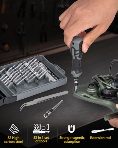 THKFISH Fishing Reel Maintenance Kit, Reel Repair Tool Kit, Fishing Reel Cleaning Set with Spool Pin Remover and 28 in 1 Screwdriver or 38 in 1 Electric Screwdriver - color: Blue-Manual screwdriver