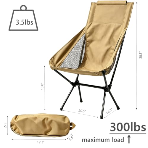 Wind Tour Portable Camping Chair Lightweight Foldable Outdoor Chair for Hiking Camp Backpacking Lawn Beach Fishing Picnic with Carry Bag (High-Back | Khaki) - color: High-back | Khaki