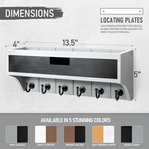 Rebee Vision Modern Pine Wood Key Holder Wall Mount with Drawer Organizer - Stylish Mail Organizer with 6 Key Hooks & Wall Shelf - Modern Apartment Essentials for Room Decor (Gray & Black) - color: Gray & Black, style: 1-Drawer