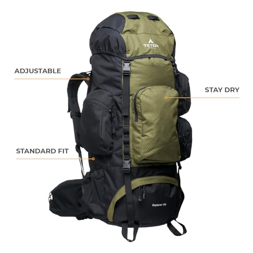 Teton 75L Explorer Internal Frame Backpack for Hiking, Camping, Backpacking, Rain Cover Included, Olive - color: Olive, size: 75L