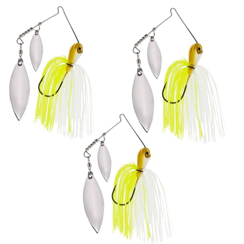 Reaction Tackle Spinner Bait, Compact Profile Fishing Lure with Flash and Vibration for Bass, Trout, Pike, Salmon and Walleye (3-Pack) - color: White Chartreuse, size: 1/2 Oz