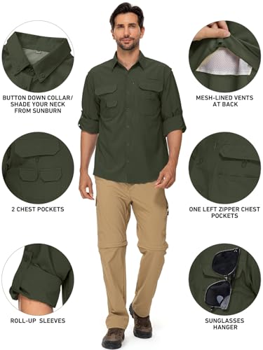 linlon Mens Safari Shirts Long Sleeve UV Protection Hiking Fishing UPF 50+ Quick Dry Cooling Camping Travel Shirts - color: Army Green, size: Large