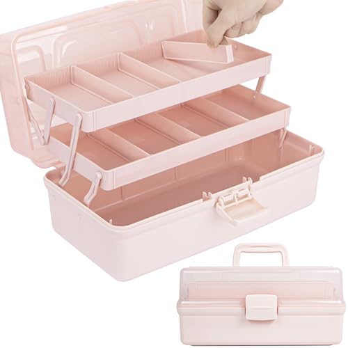 TERGOO 12.5in 3-Layer Multipurpose Craft Organizers and Storage with Adjustable Dividers, Portable Tackle Box, Folding Art & Craft Case for Medicine, Tool, Sewing Organizer (Pink) - color: Pink, size: Large