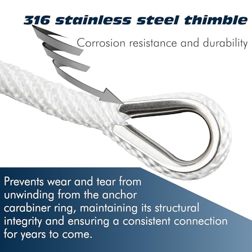 Anchor Rope Braided Anchor Line(White, 3/8" x 100') Premium Solid Braid MFP Boat Rope with Stainless Steel Thimble & Shackle, Quality Marine Line, Boat Accessories - style: 3/8" x 100'