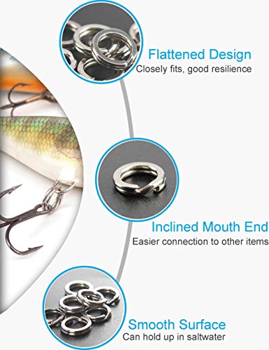250pcs Fishing Split Rings Assortment Kit, Stainless Steel Double Flat Wire Snap Ring Lure Tackle Connector
