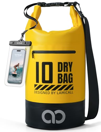 Lamicall Waterproof Dry Bag with Phone Pouch - 5L/10L/20L/30L/40L Floating Roll Top Backpack for Kayaking Boating Beach Camping Fishing - Heavy Duty 500D PVC Marine Dry Sack for Men,Women, Yellow 10L - color: Lemon Yellow, size: 10L