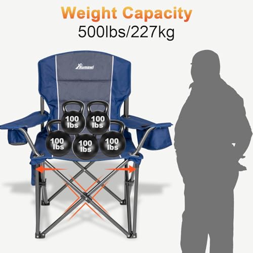 Romswi Oversized Camping Chairs,Heavy Duty Support 500 LBS,Padded Back & Arm Sport Chairs, Cup Holder Cooler Bag, Collapsible Folding Chairs for Outdoor, Fishing & Garden, Blue,2-Pack - color: Blue, style: XL Large
