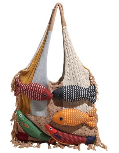 Knitted Beach Shoulder Bag for Women 3D Fish Bohemian Tote Versatile Purse Soft Hobo Handbag for Summer Vacation 2026 - color: A Khaki