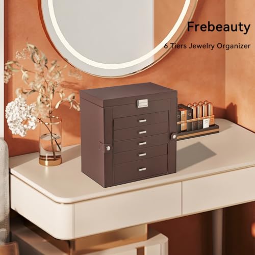 Frebeauty Large Jewelry Box,6-Tier PU Leather Jewelry Organizer,Multi-functional Storage Case with Mirror,Accessories Holder with 5 Drawers for Necklace Bracelets Watches(Dark Brown) - color: Dark Brown, size: Large