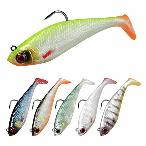 TRUSCEND Duramax Pre-Rigged Fishing Lures with BKK Jig Hooks, Easy Catch 10X Tear-Resistant TPE Soft Swimbaits for Bass Trout Crappie Walleye Redfish Grouper, Fishing Bait for Saltwater and Freshwater - color: E-2.8"-0.37oz