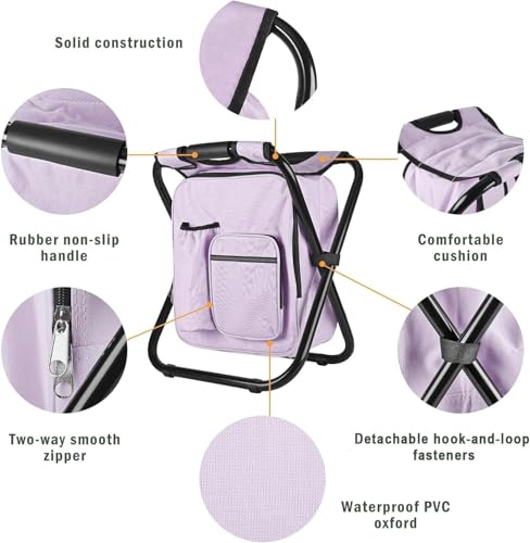 Kikerike Backpack Stool Cooler Chair Heavy Duty 300 LBS Max Load Portable Lightweight Stool Backpack Folding Fishing Cooler Seat for Camping Hunting Fishing - Pale Amethyst - color: Pale Amethyst