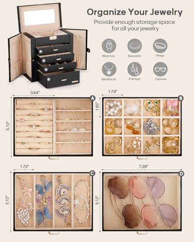 Homde Synthetic Leather Huge Jewelry Box Mirrored Watch Organizer Necklace Ring Earring Storage Lockable Gift Case (Black + Gold) - color: Black + Gold