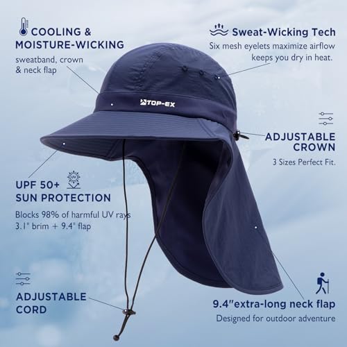 TOP-EX Cooling Sun Hat with Neck Flap – UPF 50+ Wide Brim Breathable Hat for Hiking, Fishing & Big Heads - color: Navy, size: Medium-Large