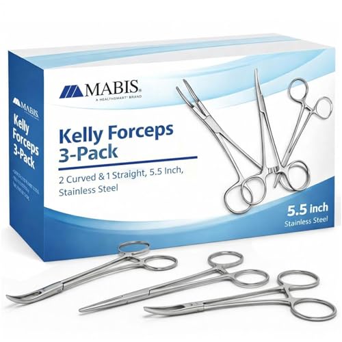 MABIS Precision Kelly Forceps [3‑Pack] Locking Hemostats, 2 Curved & 1 Straight, 5 1/2 Inch Tweezers Clamp Set, Stainless Steel, Fine Tip for First Aid, Sewing, Piercing Removal Tool, Fishing & DIY - size: Pack of 3, style: Combo Pack