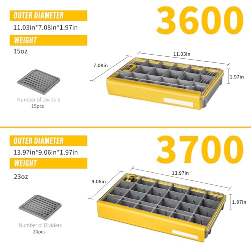 Waterproof Anti-Corrosion Tackle Box One Hand Latch 3600 and 3700 Organizer with Removable Dividers Lure Box and Terminal Tackle Trays Fishing Storage Yellow (3700) - size: 3700