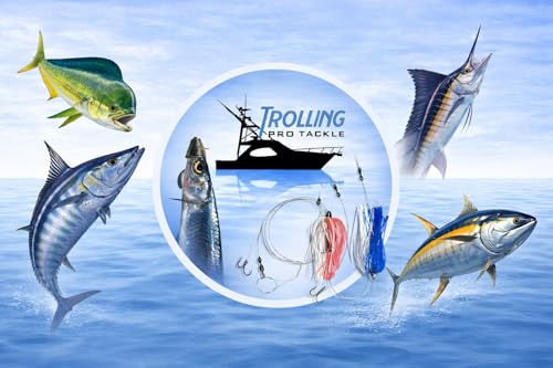 (5 Pack) Ballyhoo Rig Making Kit Bonus Chugger & Squid Skirt Included Saltwater Fishing Lures for Dolphin Mahi Tuna Wahoo Dorado and King Mackerel. Offshore Big Game Trolling Ballyhoo Fishing Rigs
