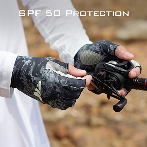 KastKing La Sal Fishing Gloves UPF50+ Sun Gloves UV Protection Fingerless Gloves Men Women for Outdoor, Kayaking, Rowing, Paddling, Canoeing, Hunting - color: B: Boulder Camo Obsidian, size: Large-X-Large