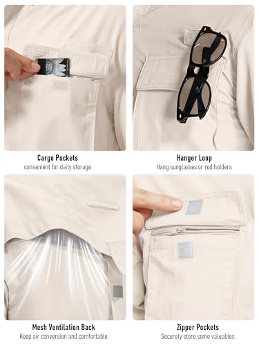 Mens Short Sleeve Button Down Shirts UPF 50+ Sun Protection Quick Dry Fishing Shirt for Travel Hiking Safari Camping - color: Light Khaki, size: Large