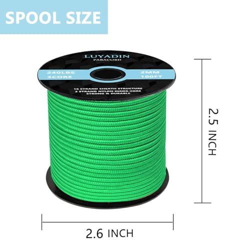 Paracord 240lb - Diameter 2mm Micro Utility Cord -3 Strand Parachute Spool Cord - 100ft 200ft,Paracord for Camping,Hiking,Fishing,Outdoor and DIY - color: Green, size: 100 ft
