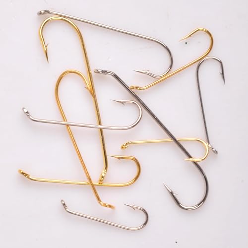 200pcs Fly Hooks for Fly Tying Dry Wet Barbless Nymph Flies Curved Fly Fishing Hooks IGN Carbon Steel Long Shank Jig Hook with Tackle Box 2# 4# 6# 8# 10# - color: Gold, size: 10# - 200 Pack