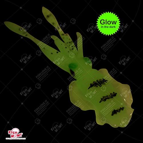 5pcs Chartreuse Glow Fish WOW! 6" Chase Squid Skirt Luminous Realistic Squid Octopus baits 3D Large Eyes Premium Quality Soft Plastic Fishing Lures Green