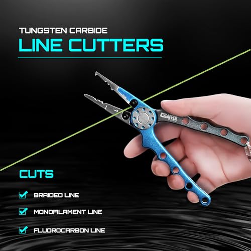 Gaffer Sportfishing Aluminum Fishing Pliers - Stainless Steel Titanium-Coated Jaws, Braided Line Cutters & Split Ring Tip - Non-Slip Grip, Nylon Sheath & Lanyard for Saltwater or Freshwater Use