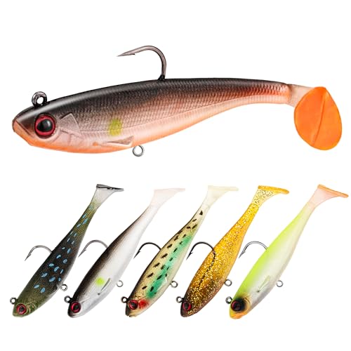 Pre-Rigged T-Tail Swimbait Lures, Soft Baits with Weighted Jig Head, Multiple Sizes & Colors for Bass, Trout, Crappie, Walleye, Freshwater & Saltwater Fishing