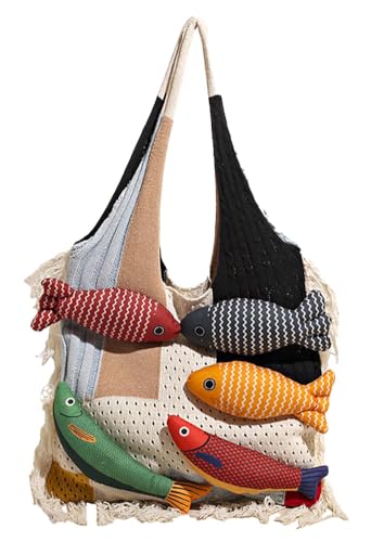Knitted Beach Shoulder Bag for Women 3D Fish Bohemian Tote Versatile Purse Soft Hobo Handbag for Summer Vacation 2026 - color: A White