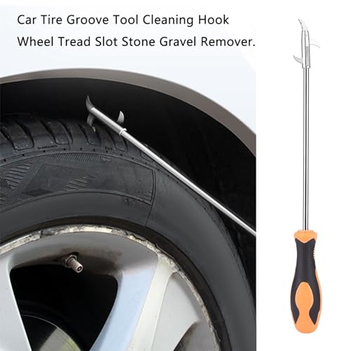 Car Tire Cleaning Hook, 4 in 1 Tire Stone Cleaning Hook, Stainless Steel Wheel Stone Cleaning Tool with Rubber Handle, Multifunctional Tire Stones Remover Hooks, 11.0in