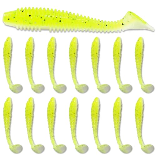 Soft Plastic Paddle Tail Swimbaits Pack of 15 – 3" Soft Plastic Fishing Lures with Extra-Large Tail for Lifelike Swimming Action – Freshwater & Saltwater - color: Yellow-white