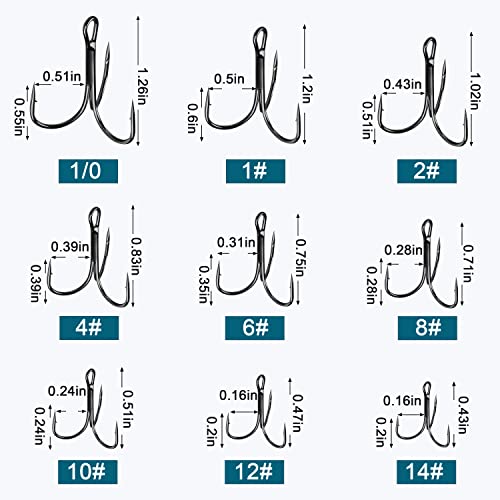 Fishing Red Treble Hooks- 80/120pcs Sharp Round Bend Barbed Treble Hook High-Carbon Steel Triple Hooks for Bass Trout Saltwater Freshwater Size 1/0 1 2 4 6 8 10 12 14 - color: BLACK, size: 80PCS-2#