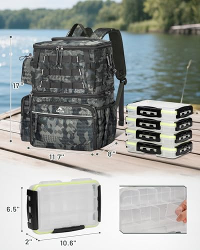 MATEIN Fishing Backpack with 4 Tackle Boxes, Fishing Bag with Rod Holder & Safety Compass & Cooler, Gifts for Fishermen - color: Camouflage