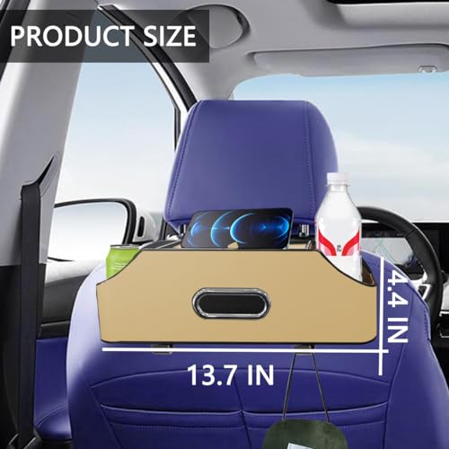 AUCELI Car Seat Back Organizer with Cup Holder and Tissue Box, Headrest Hanging Storage Box with Hooks and Phone Holder, Multi-Function Travel Tray for Kids, Road Trip Car Accessories - color: Beige
