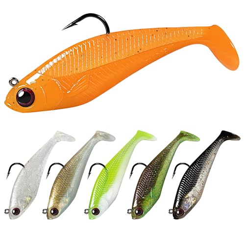 Pre-Rigged Soft Fishing Lures with Weedless Hook, Lifelike Paddle Tail Swimbaits for Bass Fishing, Freshwater & Saltwater Curly Type Tail Soft Plastic Baits for Bass, Pike, Trout, and Walleye. - color: A2-3.5"-0.75oz