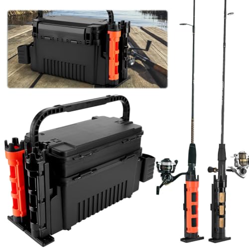 2 Tier Fishing Tackle Box Fishing Rod Reel Box with Cup & Rod Holder Fishing Gear Carry On Case Adjustable Fishing Organizer Case Large Capacity Fishing Accessories