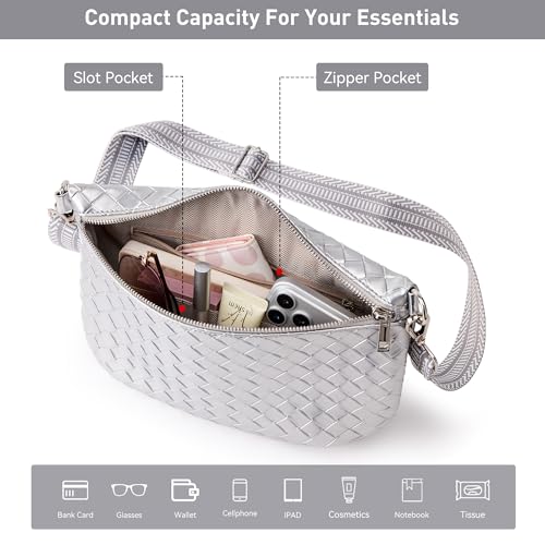 KALIDI Woven Crossbody Bags for Women Travel Vegan Leather Fanny Packs for Woman Men Cross Body Purse Fashion Belt Bum Bag - color: Silver