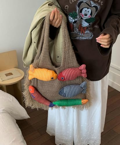 Knitted Beach Shoulder Bag for Women 3D Fish Bohemian Tote Versatile Purse Soft Hobo Handbag for Summer Vacation 2026 - color: D Khaki