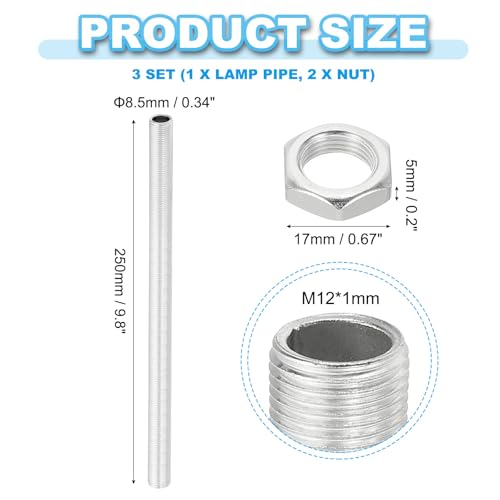 PATIKIL M12 Thread 250mm/9.8" Lamp Pipe Kit with Lock Nuts, 3 Set All Thread Rods Fasteners Hardware for Chandelier Ceiling Light DIY, Zinc Plating - size: 9.8"