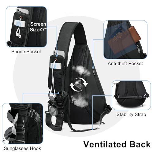 TUDEQU Large Sling Bag for Men,19L Crossbody Backpack with 8 Pocket,Gym,EDC | One Strap Backpack with Umbrella Pocket & Stability Strap,Sling Backpack,One Shoulder Backpack for Hiking,Travel,Cycling - color: Black