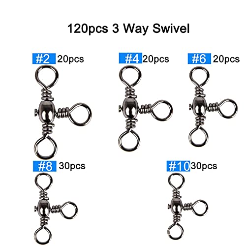 AKOSU 120pcs Fihshing Accessories Three Way Swivels Cross Line Barrel Stainless Steel Swivel Saltwater T-Turn Fishing Line Connector #2, 4, 6, 8, 10