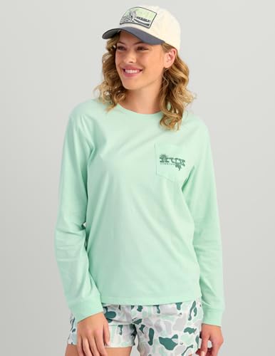 HUK Women's Pocket Tee, Comfortable Performance Fishing Long Sleeve T-Shirt with Chest Pocket for Women - color: Sunset Rise - Seafoam Mist, size: X-Small