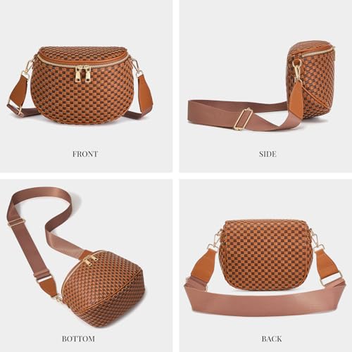 Woven Vegan leather Crossbody Bags For Women, Checkered Fashion PU Bum Bag Waist Pack, Travel Sling Purse with Adjustable Strap（Brown and Caramel) - color: Brown and Caramel