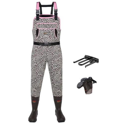 HISEA Womens Chest Waders, 4.5mm Neoprene Leopard Hunting Wader for Women with Insulated Boots, Waterproof Fishing Waders - color: Pink Leopard, size: 5